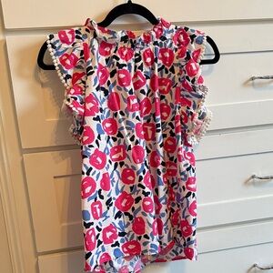 THML Pink and Blue Floral Ruffle Blouse